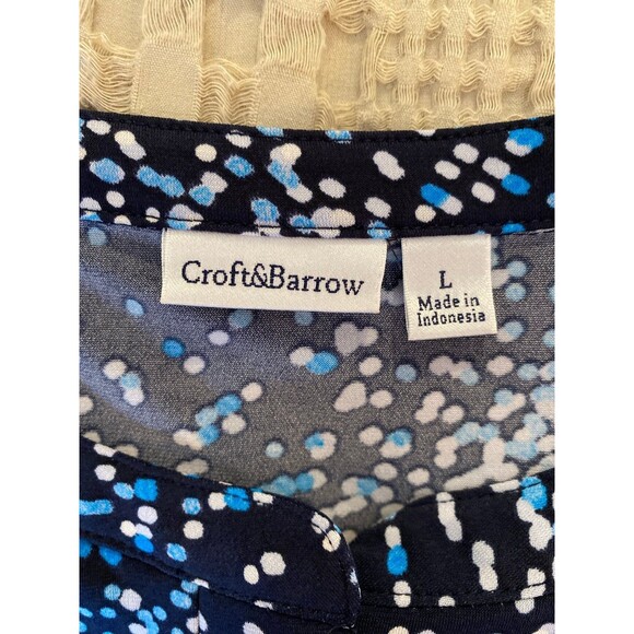 Croft & Barrow Blouse Sz Large Blue Dot Design Top 3/4 Sleeve + Stretch Stylish - Picture 7 of 10